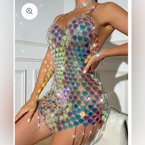 Gradient Blue Sequin V Neck Dress